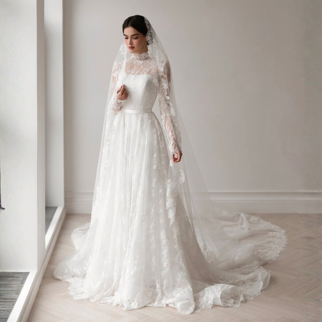 White Floral Lace Long Sleeves A-Line Bridal Gown with Cathedral Veil 16