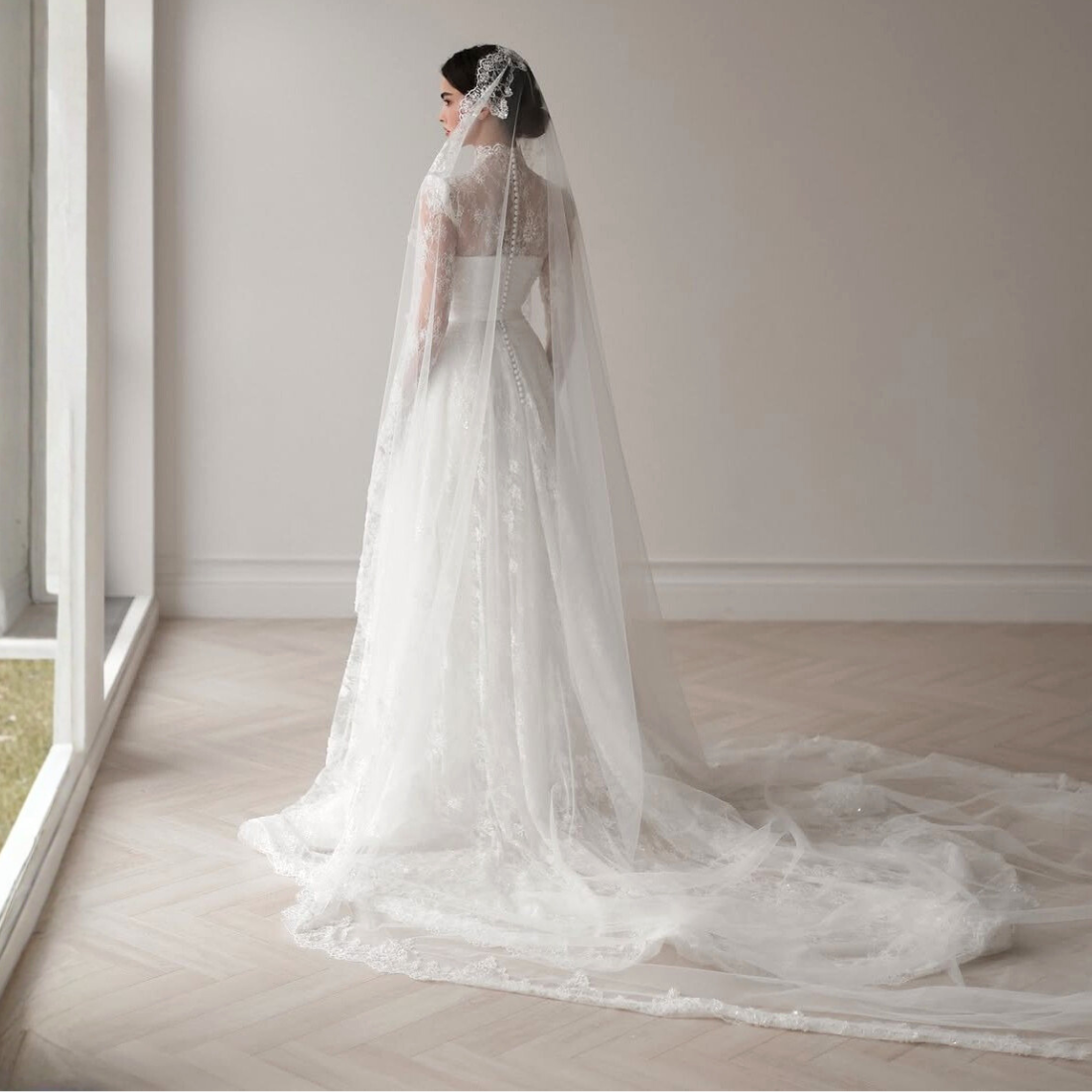 White Floral Lace Long Sleeves A-Line Bridal Gown with Veil, Back