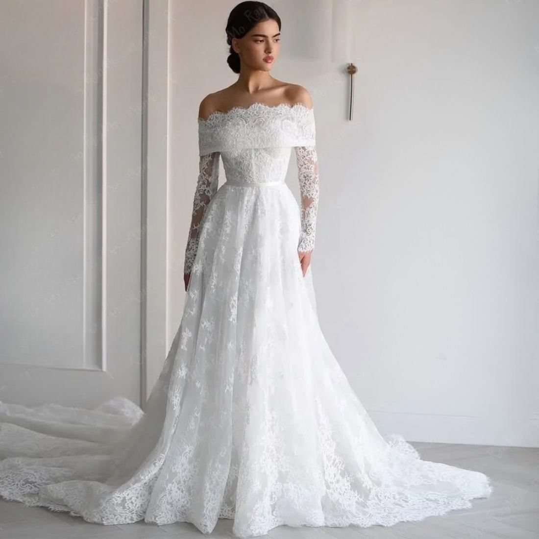 White Floral Lace Off Shoulder Long Sleeve A-Line Bridal Gown (Cathedral Train)