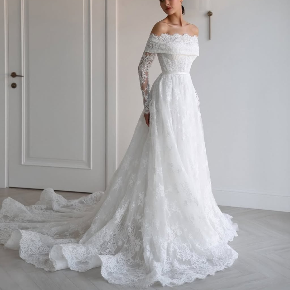 White Floral Lace Off Shoulder Long Sleeve A-Line Bridal Gown, Left