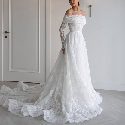 White Floral Lace Off Shoulder Long Sleeve A-Line Bridal Gown, Left