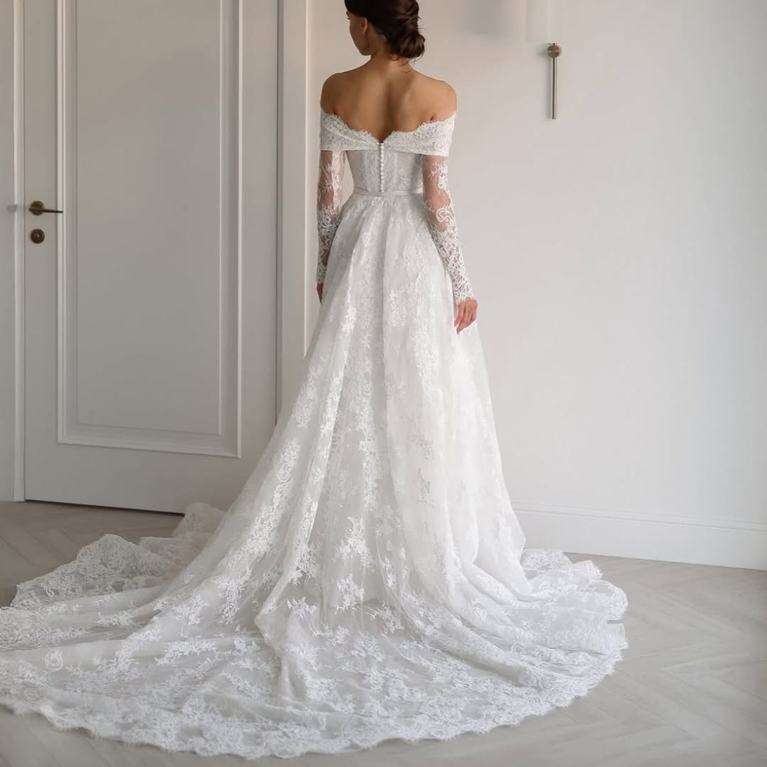 White Floral Lace Off Shoulder Long Sleeve A-Line Bridal Gown, Back