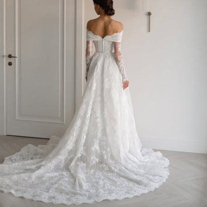 White Floral Lace Off Shoulder Long Sleeve A-Line Bridal Gown, Back