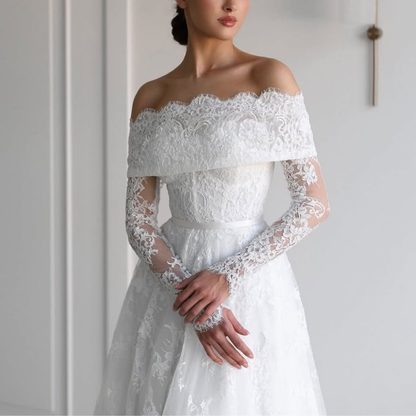 White Floral Lace Off Shoulder Long Sleeve A-Line Bridal Gown, Close Up