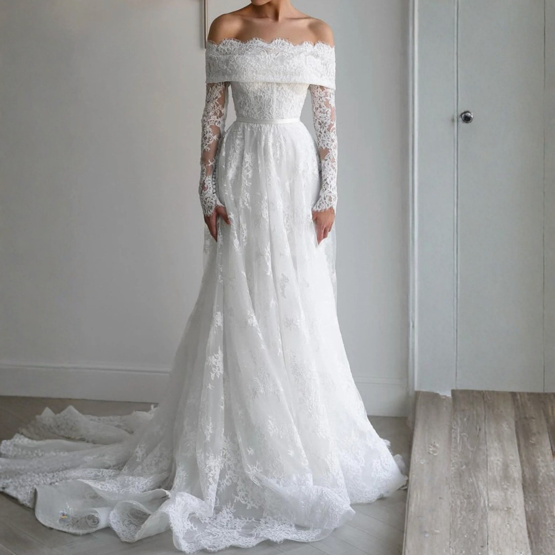 White Floral Lace Off Shoulder Long Sleeve A-Line Bridal Gown, Front 2