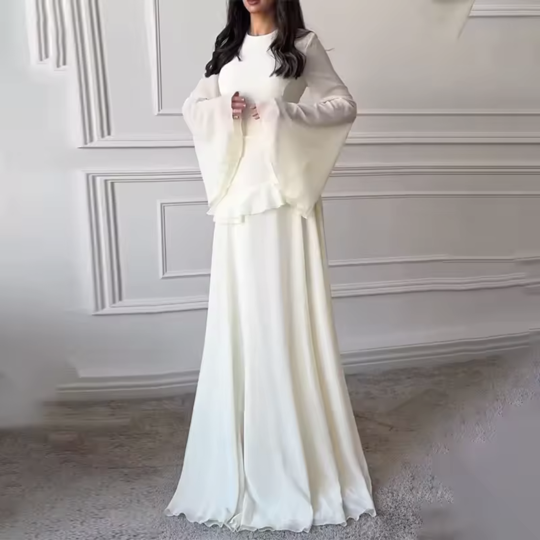 White Modest Chiffon Flare Sleeves A-Line Long Dress