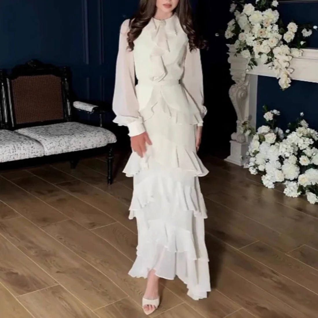 White Modest Chiffon Ruffle Puff Sleeves Mermaid Long Dress