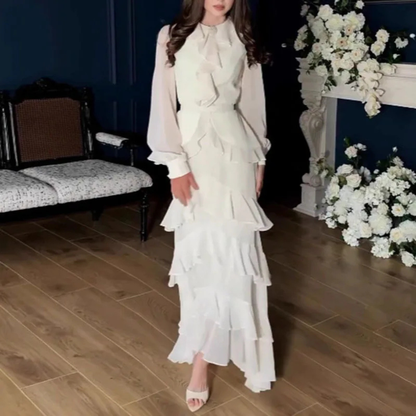 White Modest Chiffon Ruffle Puff Sleeves Mermaid Long Dress