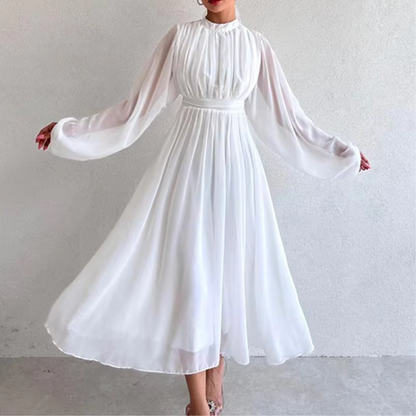 Modest Pleated Chiffon Flare Sleeves Midi Dress, White
