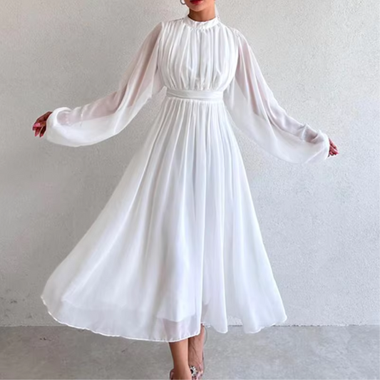 Modest Pleated Chiffon Flare Sleeves Midi Dress, White