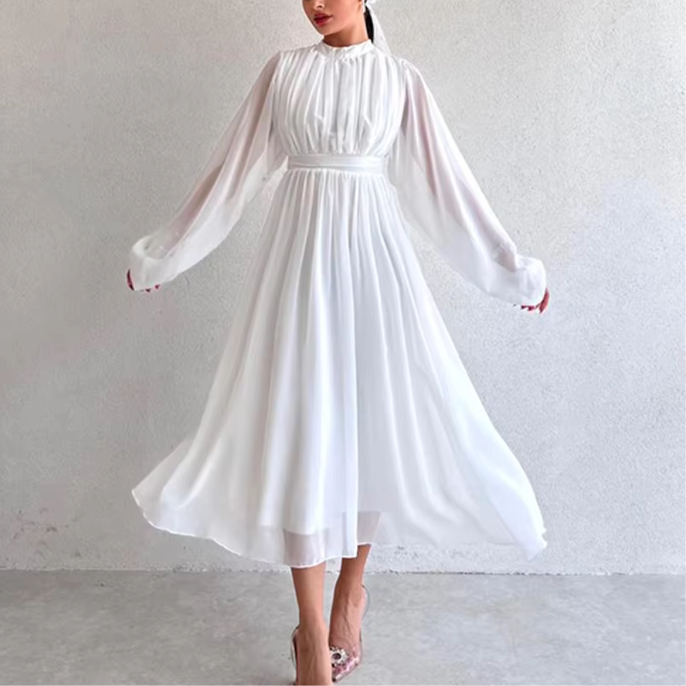 Modest Pleated Chiffon Flare Sleeves Midi Dress, White, Left
