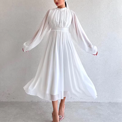 Modest Pleated Chiffon Flare Sleeves Midi Dress, White, Left