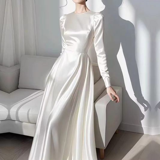 White Modest Satin Elegant A-Line Evening Dress, White