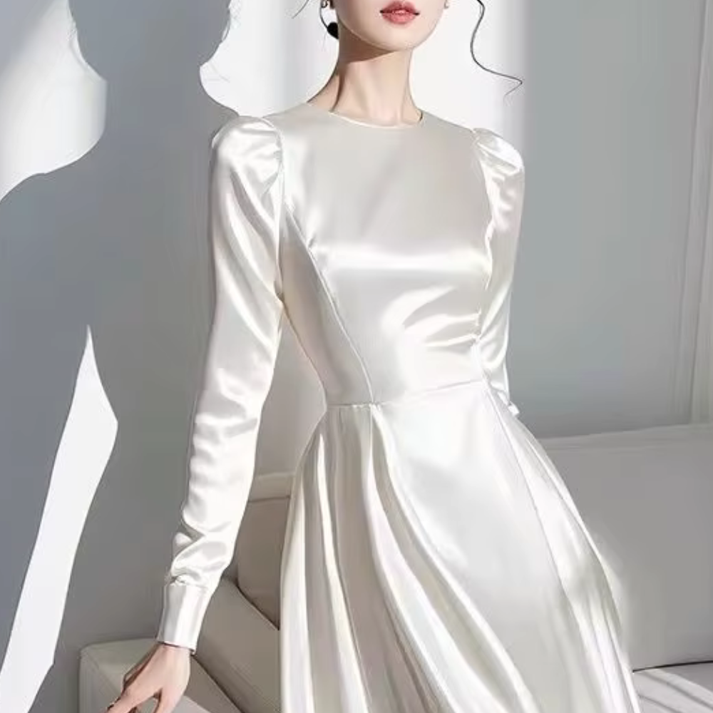 White Modest Satin Elegant A-Line Evening Dress, Closeup