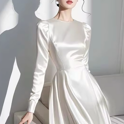 White Modest Satin Elegant A-Line Evening Dress, Closeup
