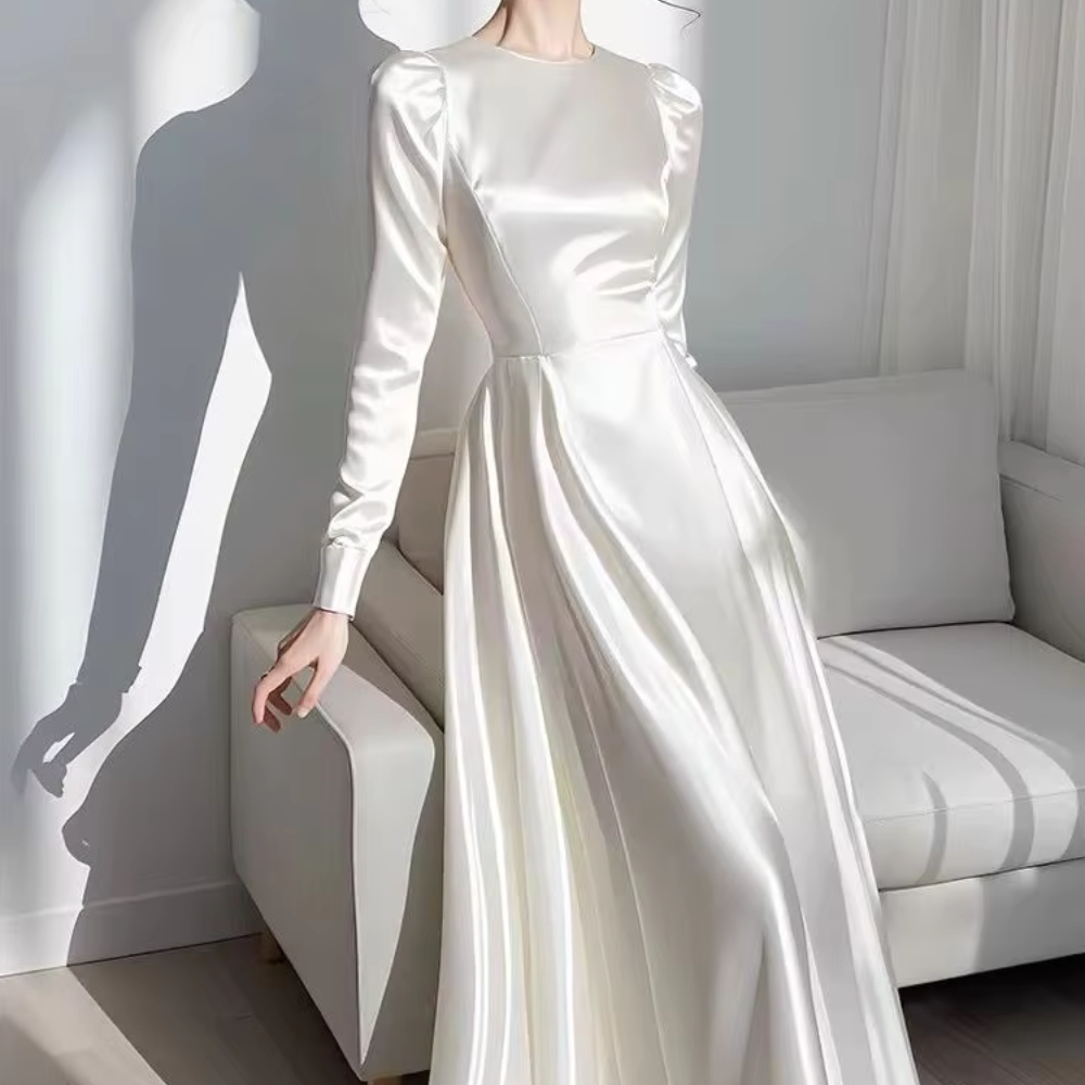 White Modest Satin Elegant A-Line Evening Dress, Front