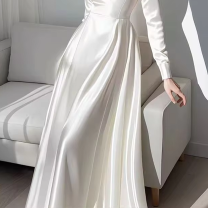 White Modest Satin Elegant A-Line Evening Dress, Skirt