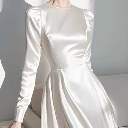 White Modest Satin Elegant A-Line Evening Dress, Closeup 2