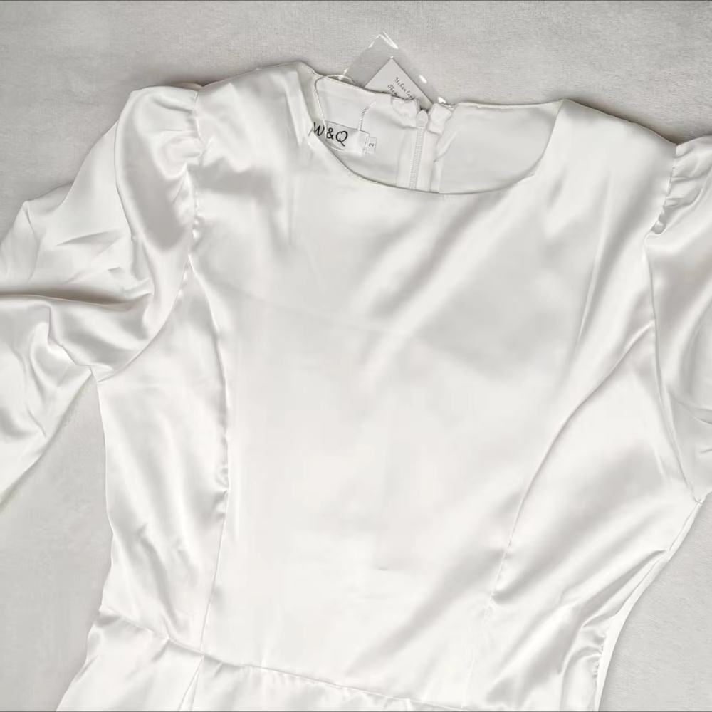 White Modest Satin Elegant A-Line Evening Dress, Closeup 3