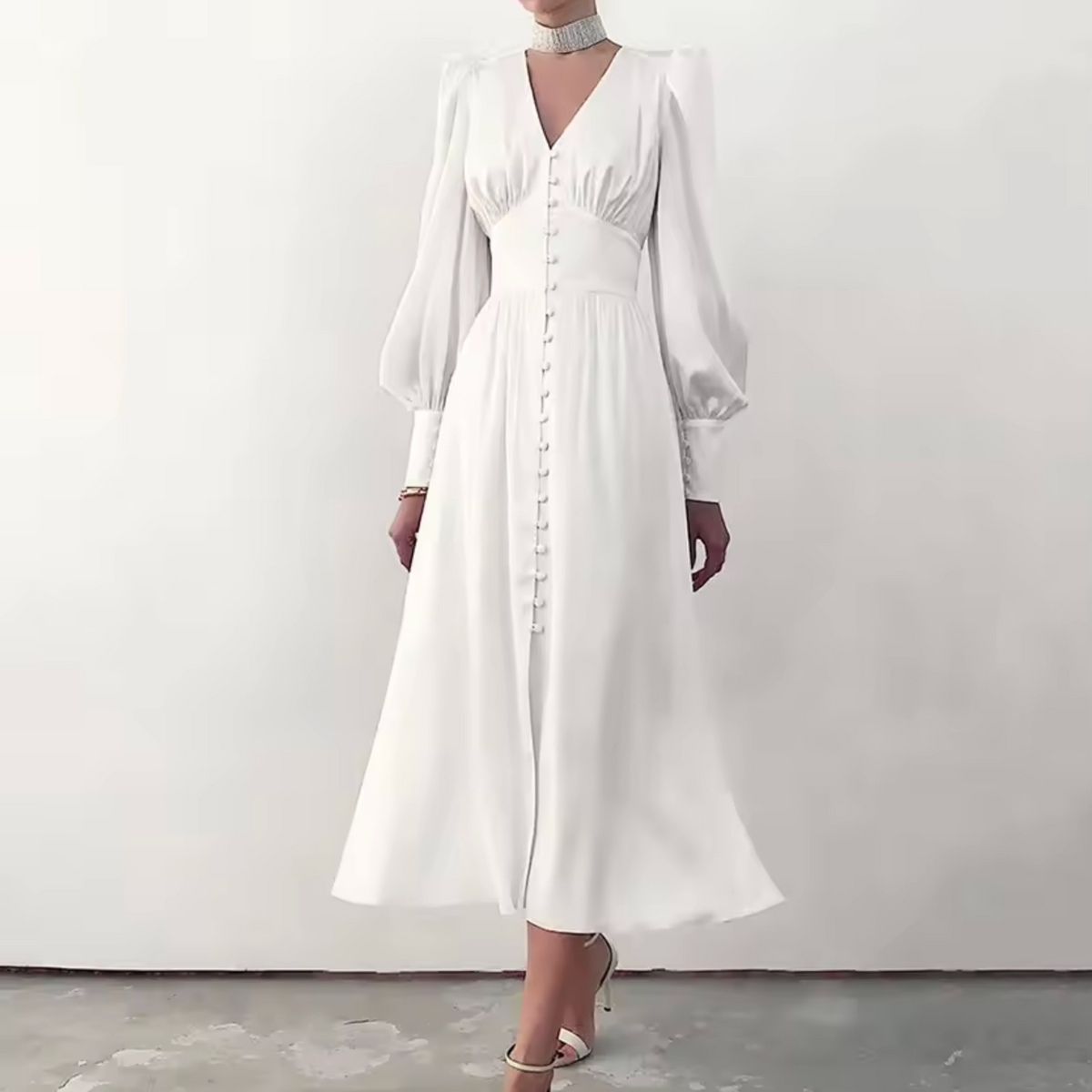 Mauve V-Neck Puff Sleeves Silk Midi Dress