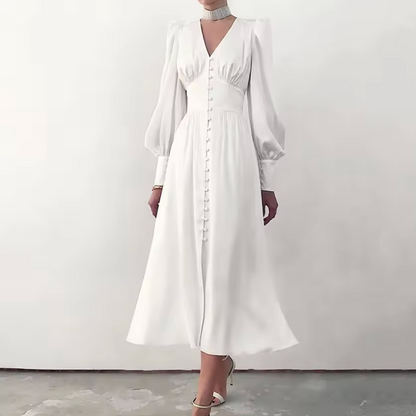 Mauve V-Neck Puff Sleeves Silk Midi Dress