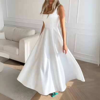White Square Neck Sleeveless Satin Midi Dress, Left