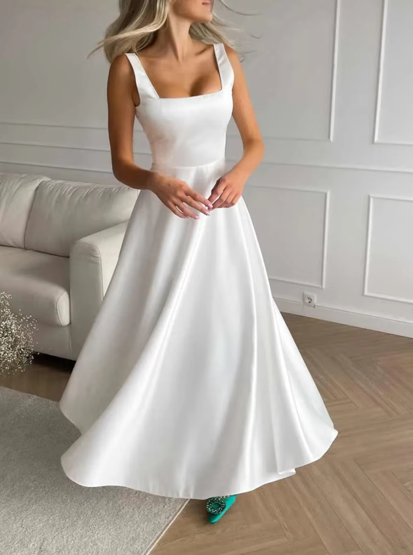 White Square Neck Sleeveless Satin Midi Dress, Right