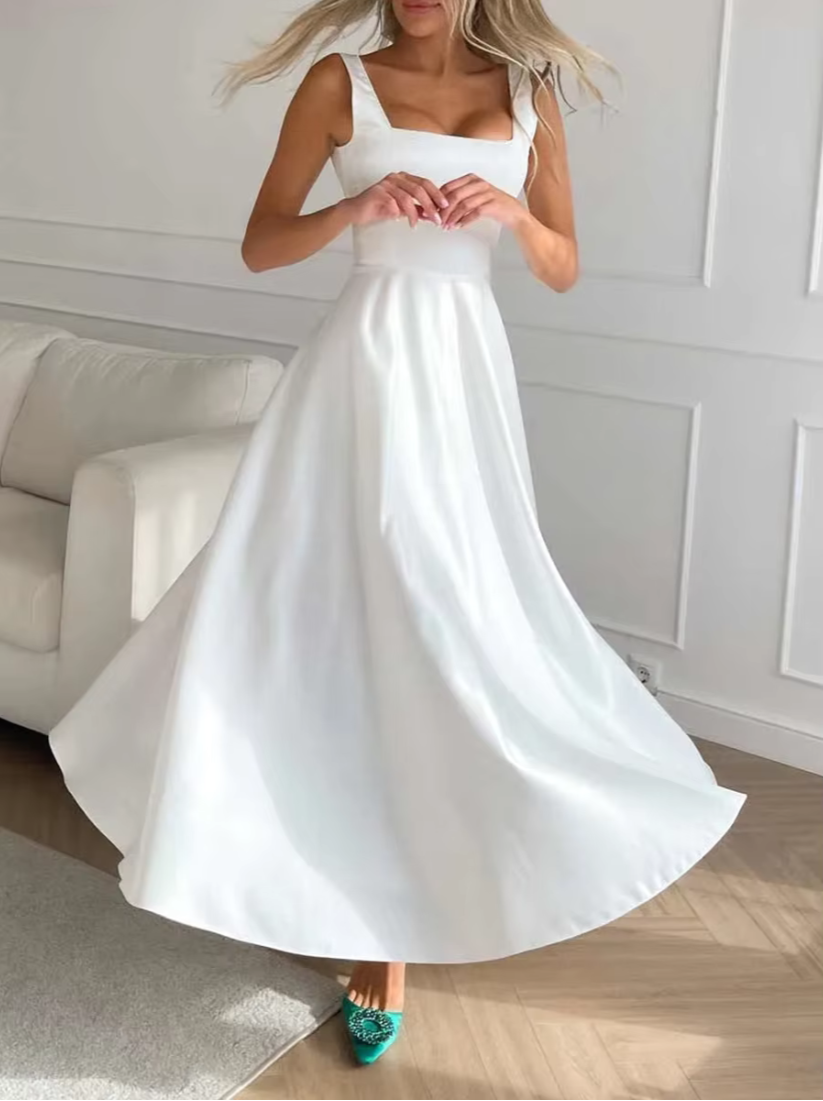 White Square Neck Sleeveless Satin Midi Dress, Right 2