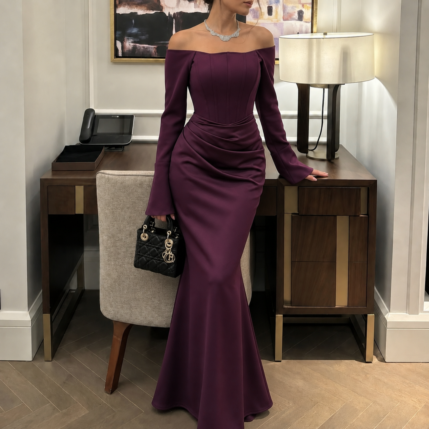 Wine Purple Satin Off Shoulder Pleated Evening Dress