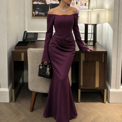 Wine Purple Satin Off Shoulder Pleated Evening Dress