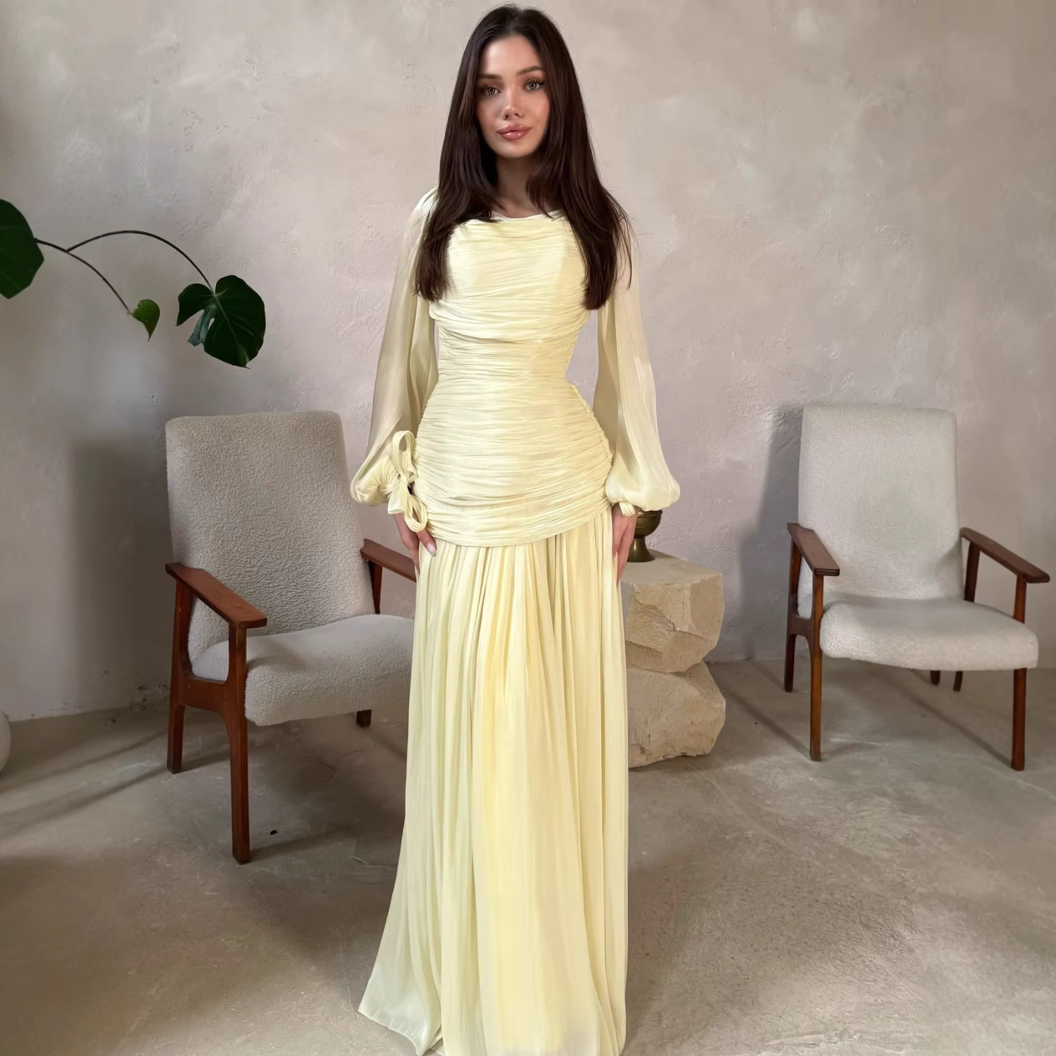 Yellow Chiffon Drape Pleated Balloon Sleeves Slim Maxi Dress