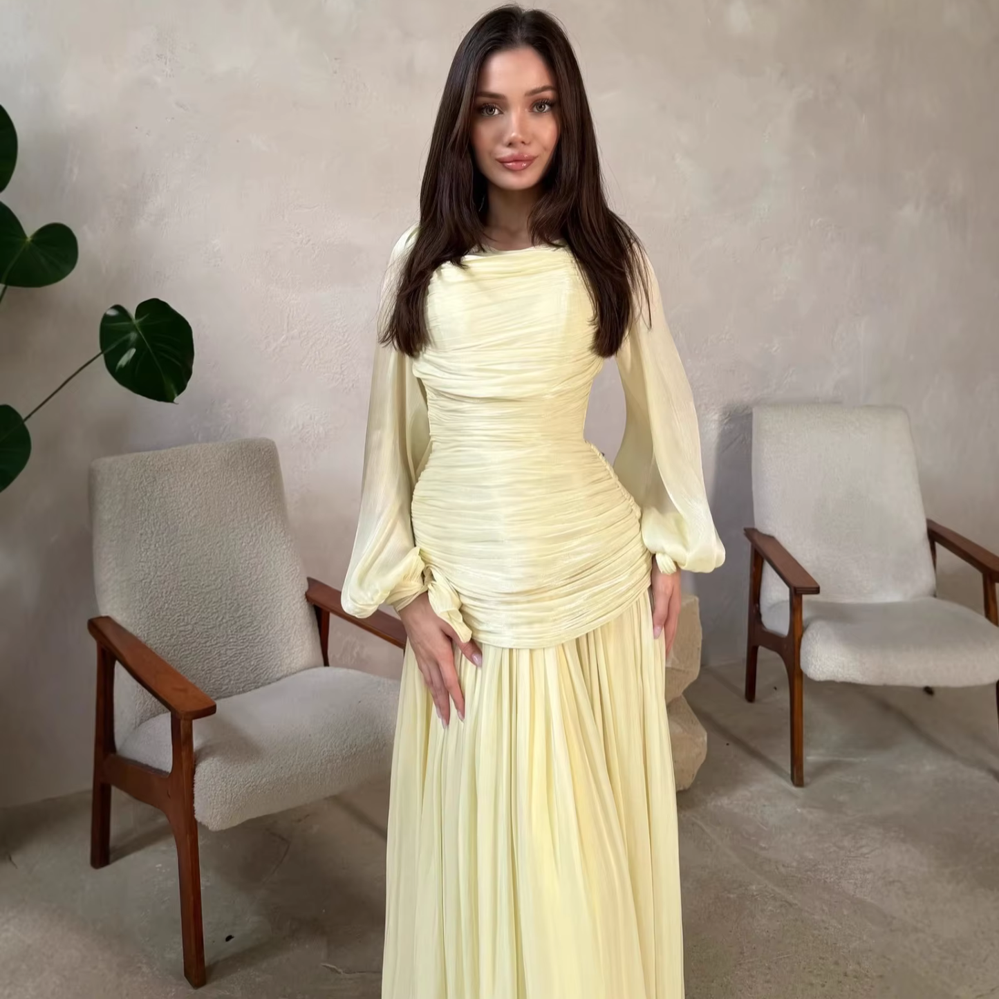 Yellow Chiffon Drape Pleated Balloon Sleeves Slim Maxi Dress