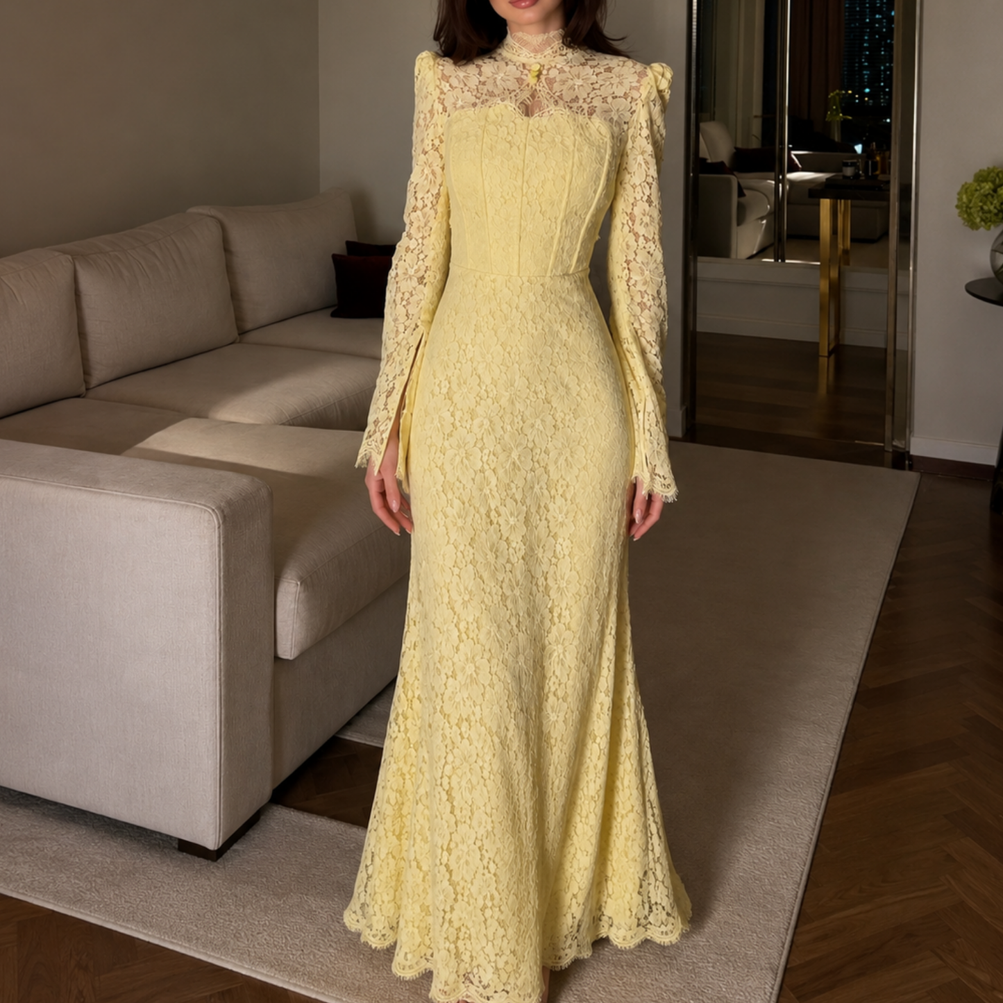 Yellow Floral Lace High Neck Long Sleeves Mermaid Maxi Dress