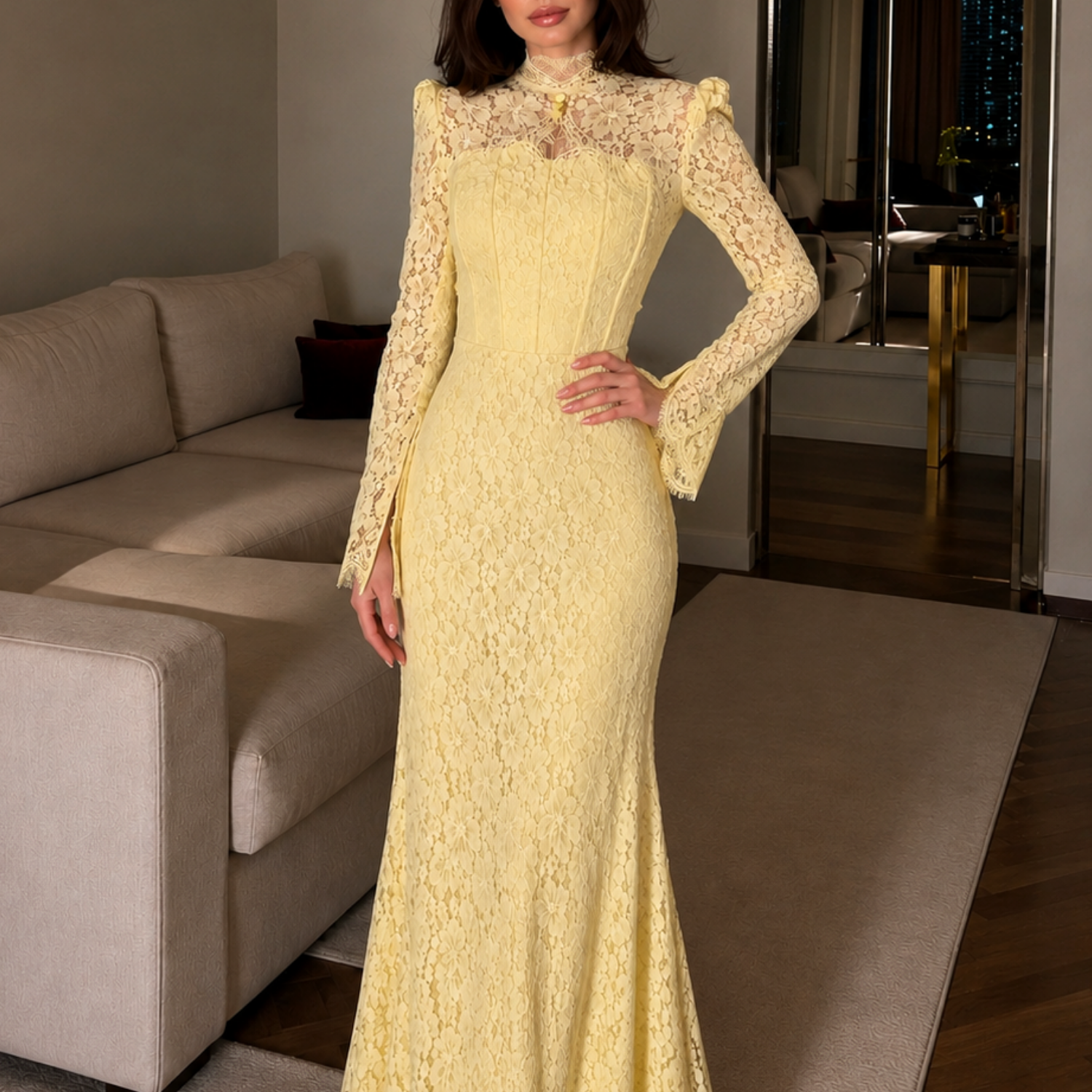 Yellow Floral Lace High Neck Long Sleeves Mermaid Maxi Dress