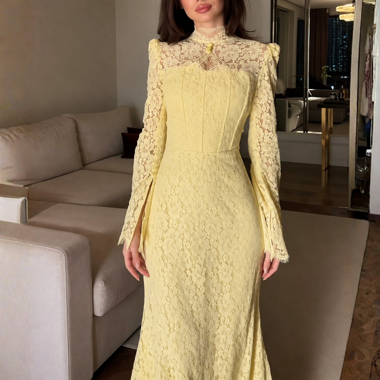 Yellow Floral Lace High Neck Long Sleeves Mermaid Maxi Dress