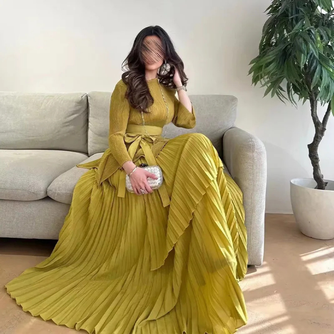 Yellow Modest Bow Belt Multilayered Pleated Long Dress, Left
