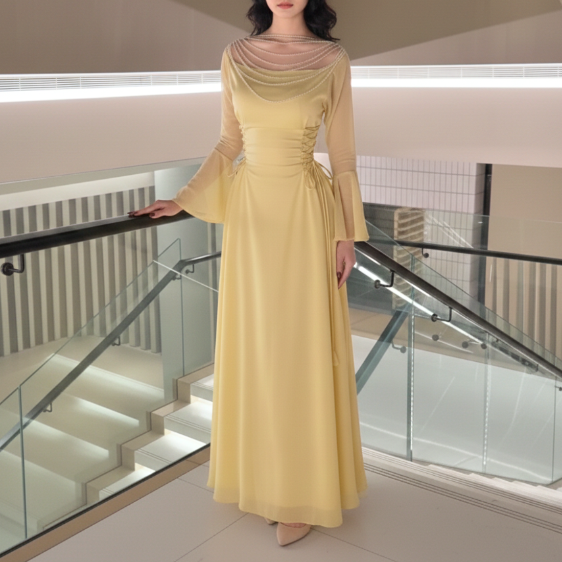 Yellow Sparkly Beaded Long Flare Sleeves Chiffon Evening Dress
