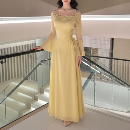 Yellow Sparkly Beaded Long Flare Sleeves Chiffon Evening Dress