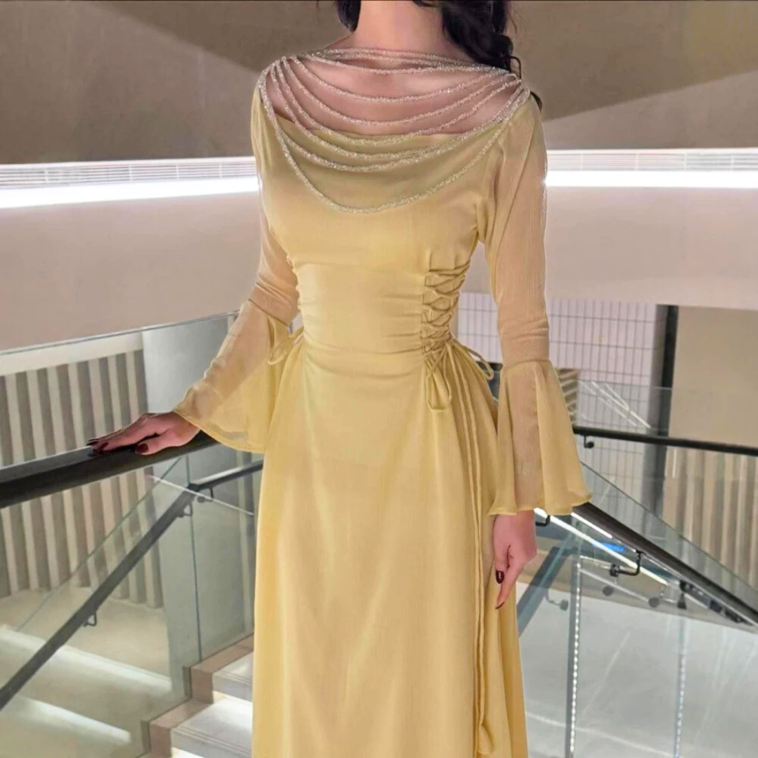 Yellow Sparkly Beaded Long Flare Sleeves Chiffon Evening Dress, Close Up