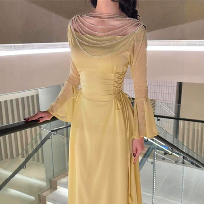 Yellow Sparkly Beaded Long Flare Sleeves Chiffon Evening Dress, Close Up