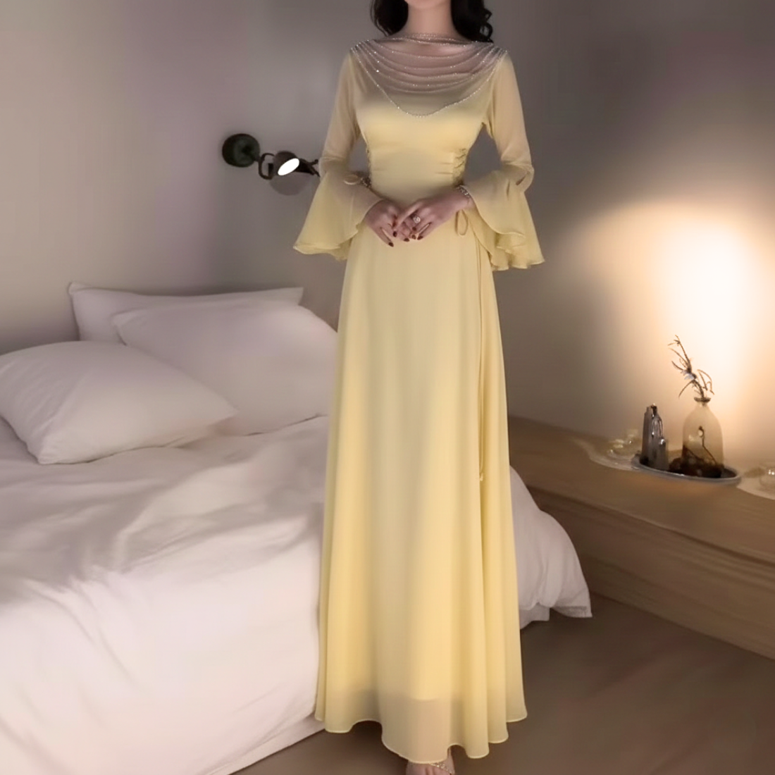 Yellow Sparkly Beaded Long Flare Sleeves Chiffon Evening Dress, Front