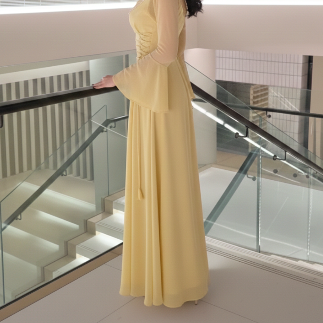 Yellow Sparkly Beaded Long Flare Sleeves Chiffon Evening Dress, Left