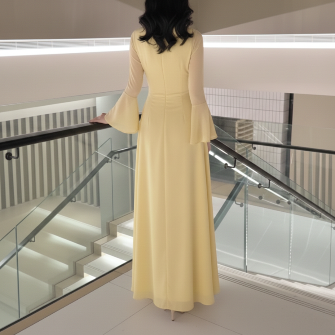 Yellow Sparkly Beaded Long Flare Sleeves Chiffon Evening Dress, Back