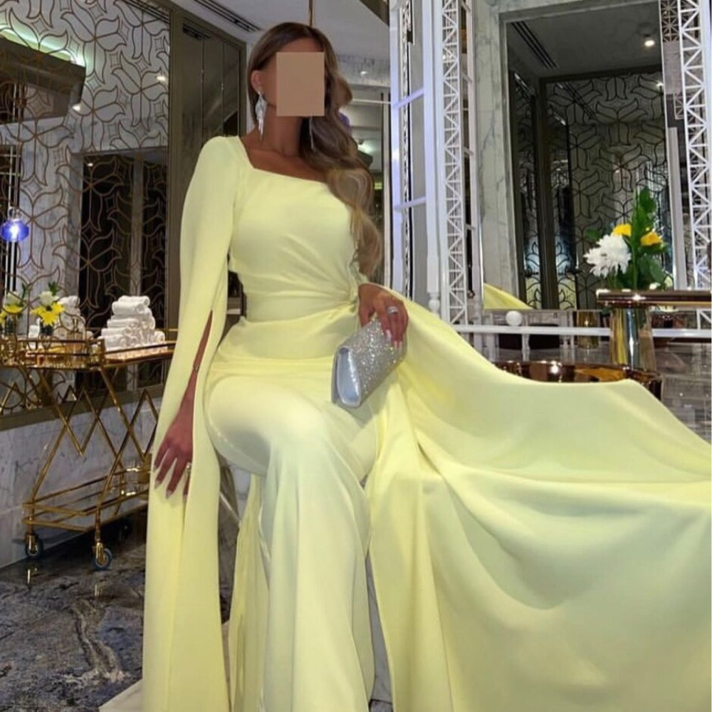 Yellow Modest Long Drape Sleeves Chiffon Elegant Gown, Close Up