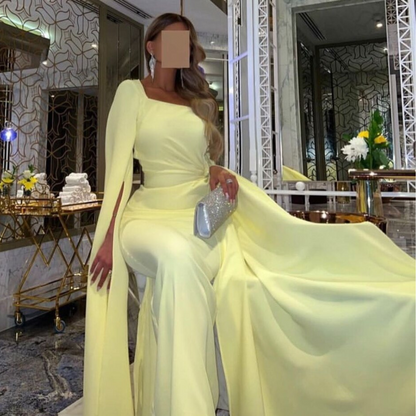 Yellow Modest Long Drape Sleeves Chiffon Elegant Gown, Close Up