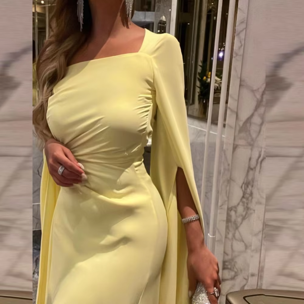 Yellow Modest Long Drape Sleeves Chiffon Elegant Gown, Close Up 2