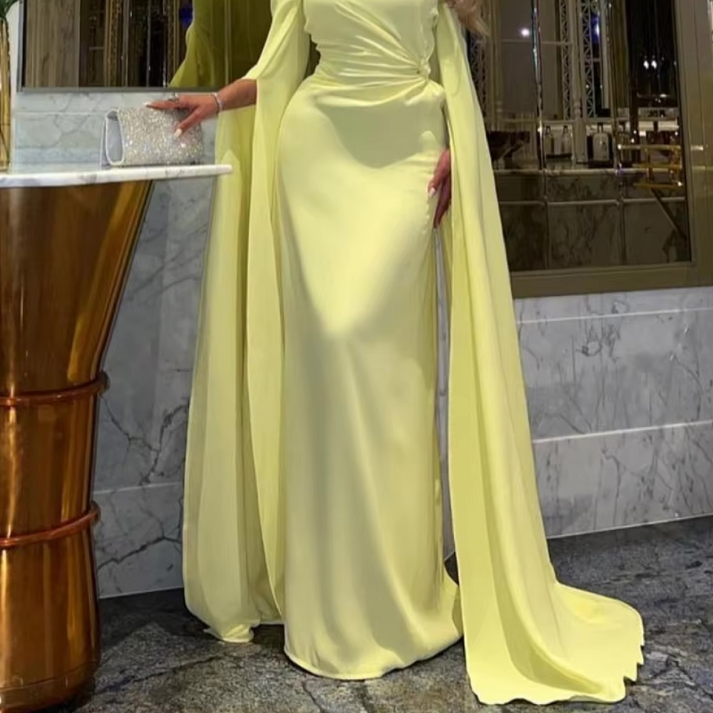 Yellow Modest Long Drape Sleeves Chiffon Elegant Gown, Close Up 3