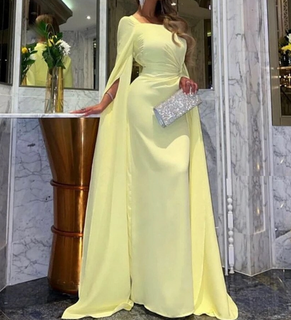 Yellow Modest Long Drape Sleeves Chiffon Elegant Gown