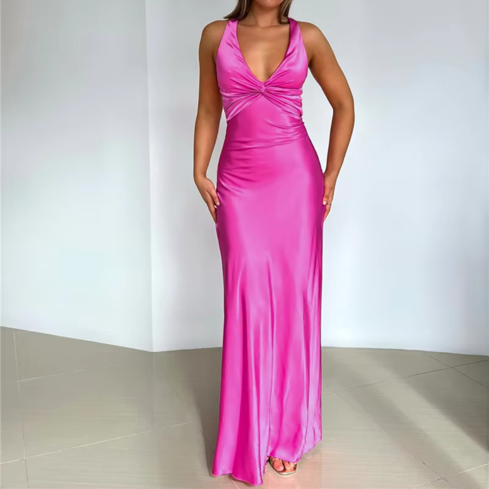Hot Pink Satin Halter Neck Sleeveless Cross Bow Evening Dress, Front