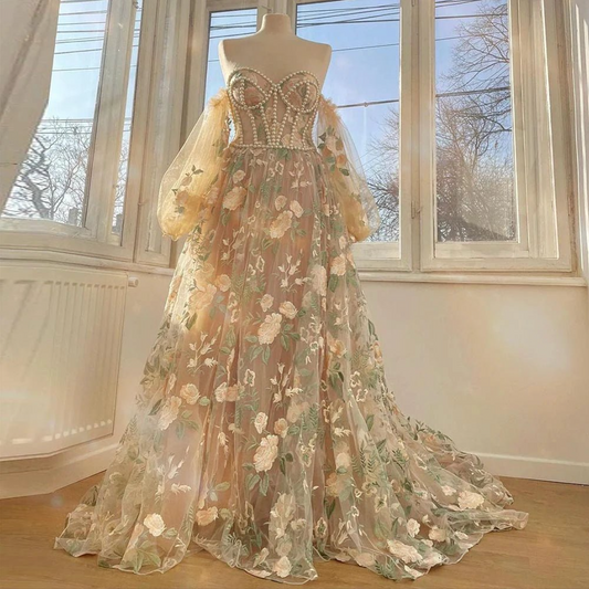 Beige Floral Embroidery Lace Evening Dress, Front